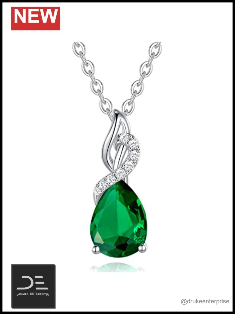 14K Solid White Gold Pear Birthstone Diamond Pendant Necklace